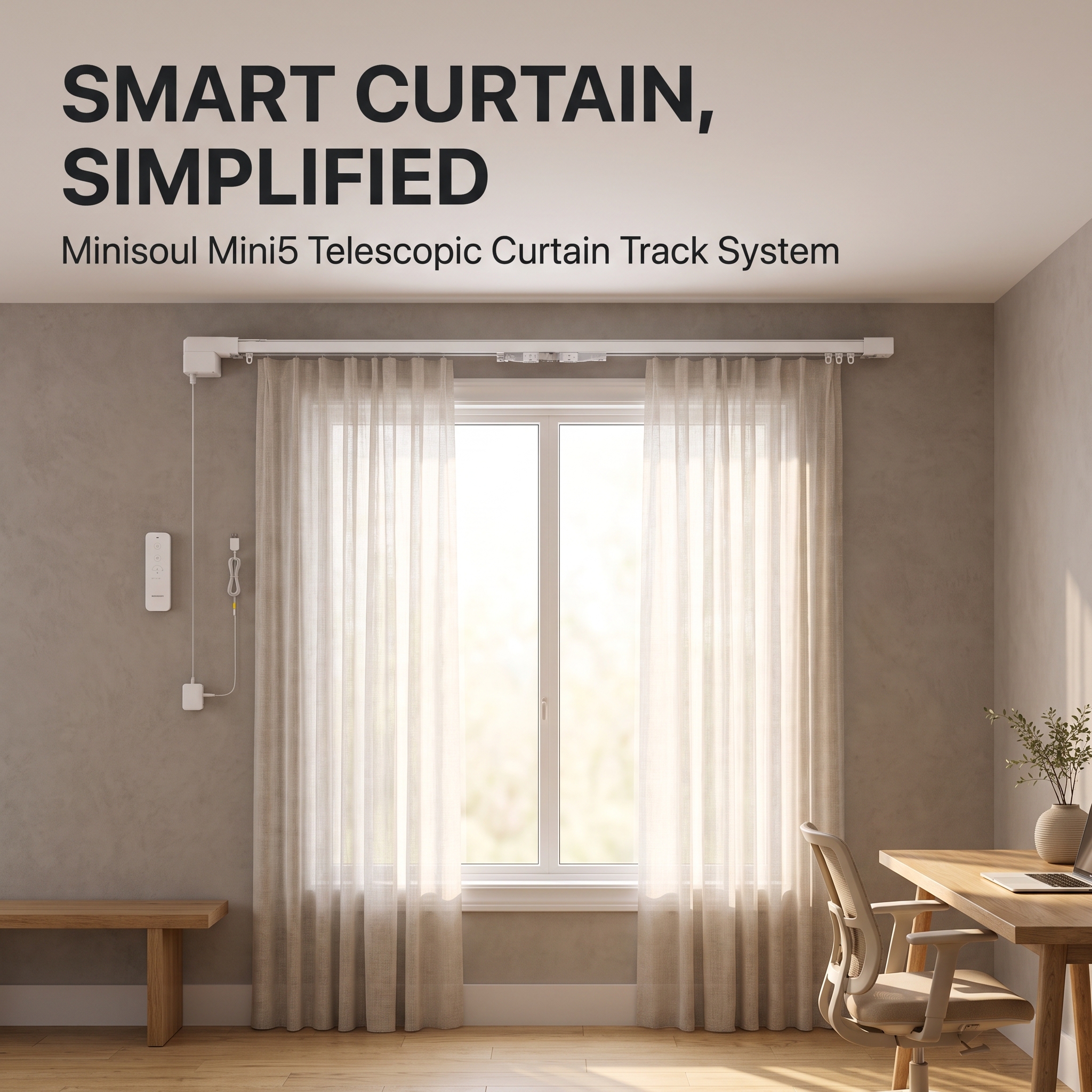 Minisoul Modern Smart Curtain Track Motorized Rail WiFi Remote App Control Quiet Under 45dB Holds Up To 66 Lbs For Living Room · image 7