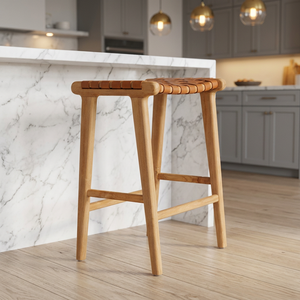 Tabouret de bar en bois avec assise en cuir véritable, chaise de comptoir sans dossier, style moderne et rustique pour îlot de cuisine et café - Product Image 1