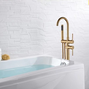 Ensemble de robinetterie de baignoire autoportante en <span class=keywords><strong>laiton</strong></span> chromé doré pour projets hôteliers de luxe, <span class=keywords><strong>avec</strong></span> <span class=keywords><strong>mitigeur</strong></span> de douche moderne effet pluie et <span class=keywords><strong>douchette</strong></span> à main - Product Image 5
