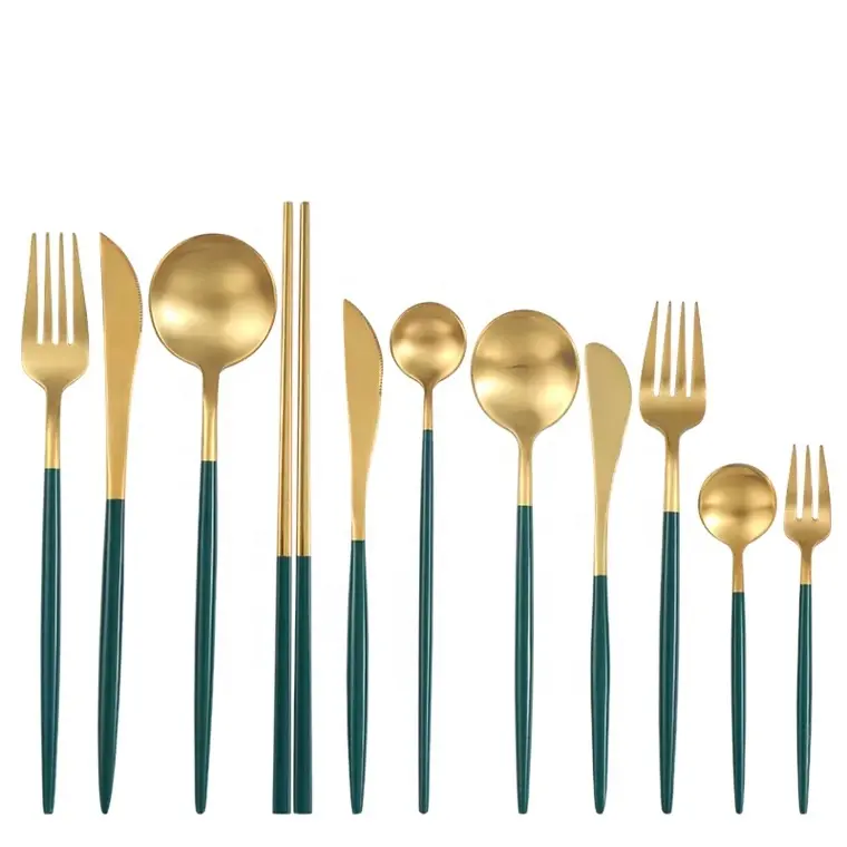 18\/0 Tableware Gold Set Cutlery Stainless Steel Marble Restaurant Flatware