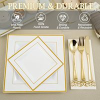 Service de vaisselle jetable élégant en plastique blanc pour 25 invités, avec bord doré, assiettes, gobelets et couverts – Sans BPA, idéal pour mariages et fêtes