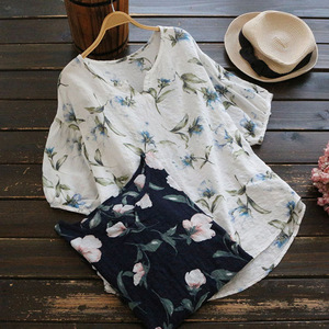 2022 neueste Design 5XL plus Größe Blumen bedruckte Kurzarm Leinen Damen hemden OC513 - Product Image 1