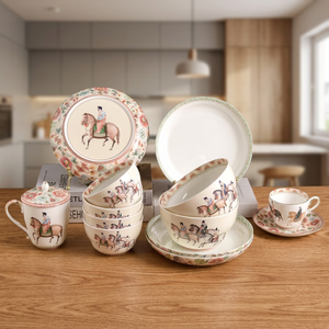 Service de table en porcelaine de luxe de style italien, motif équestre, scène de chasse et floral, avec tasses, bols et mugs - Product Image 1