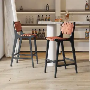 Nordic Solid Wood High Chair Saddle Leather Backrest Coffee Bar Stool Woven Counter Height Barstool