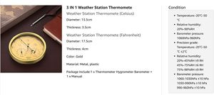 3-в-1 всесезонный настенный термометр, барометр, гигрометр | Точная метеостанция, золото 180 мм - Product Image 6