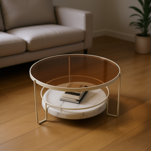 Tavolino da Caffè Moderno con Piano in Vetro e Struttura in Ferro, Arredamento per Soggiorno, Marrone e Bianco, 80x80x45 Cm - Product Image 2