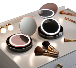 Stainless Steel Frame Pocket Foldable Double-Sided Round LED <strong>Lighted</strong> Handheld <strong>Vanity</strong> <strong>Mirror</strong> with USB Port White Pink - Product Image 1