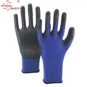 SRSAFETY EN388 2110X蓝色黑色Guantes de Trabajo手掌涂层尼龙PU手套聚氨酯手掌贴合安全手套触摸手套