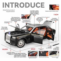 Modèle de voiture Phantom en alliage moulé sous pression à l'échelle 1:18, avec éclairage de plafond étoilé, pièces ouvrables, fonction pull-back, 4 roues motrices, direction, piles bouton