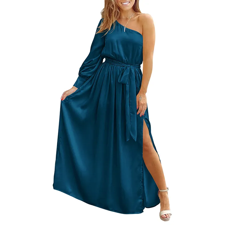 Women's Satin 1 Shoulder Maxi Dress Asymmetrical Tie Waist Slit Party Cocktail Long Formal Prom Dress