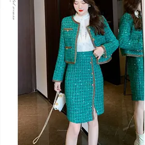 작은 향기로운 드레스 소녀 2023 새로운 가을 봄 겨울 트위드 녹색 격자 무늬 짧은 코트 하프 스커트 정장