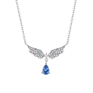 New Fashion Water Drop Shaped Sapphire Pendant Jewelry 925 Sterling Silver Bling Zircon Cz Angel Wing Necklace for Women