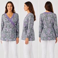 Chemisier en coton personnalisé pour femme, manches longues, col en V, imprimé floral, tunique portefeuille, style bohème, vert et violet, fabricant de vêtements en coton