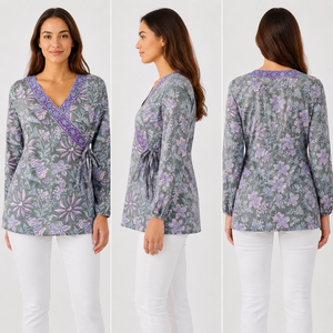 Chemisier en coton personnalisé pour <span class=keywords><strong>femme</strong></span>, manches longues, col en V, imprimé floral, tunique portefeuille, style bohème, vert et violet, fabricant de vêtements en coton - Product Image 2