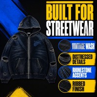 Veste à capuche zippée en jean délavé personnalisé avec déchirures usées et détails en strass bleus – Marques de créateurs streetwear