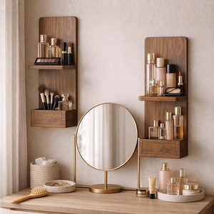 Estante de pared de madera de doble capa para almacenamiento y organización en el baño, forma rectangular con caja para pañuelos y soporte para jabón - Product Image 3