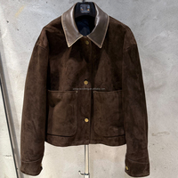Manteau à simple boutonnage avec grandes poches plaquées en cuir de mouton véritable, veste vintage en daim véritable, vêtement d'extérieur printemps-automne