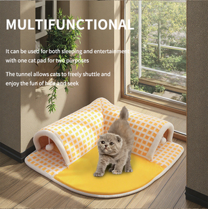 Lit tunnel pliable en peluche douce pour chat, design d'angle avec tapis amovible et lavable, et ensemble de jouets à plumes pour chatons d'intérieur - Product Image 4