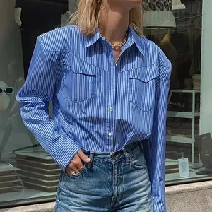 Özel Streetwear moda mavi çizgili gömlek Lady bahar yaka yastıklı omuz uzun kollu kadın bluzlar