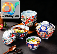 Mangkuk Keramik Mewah Gaya Jepang dengan Tutup, Aman untuk Microwave, Peralatan Makan Rumah Tangga untuk Sup, Nasi, Topping, Ramen & Mie Instan