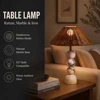 Lampe de table, lampe de chevet, abat-jour en rotin, base en marbre naturel, E27, fer tissé à la main, salon, chambre à coucher, table d'appoint, console, salon