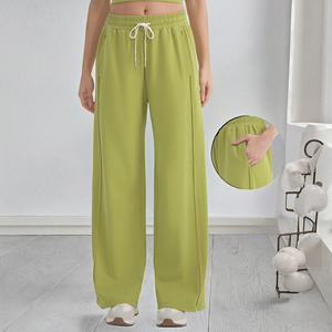 กางเกงโยคะแบบผูกเชือกเอวสูงสำหรับผู้หญิงกางเกงขากว้างเอวยางยืดกางเกงรัดรูปขาตรงสำหรับวิ่งออกกำลังกายแบบลำลองสีพื้น - Product Image 3