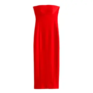 Strapless back slit zipper fly red color casual fashion ladies dress