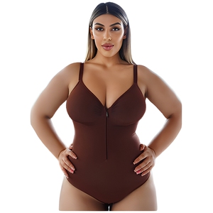 Body sculptant sans couture pour femme avec fermeture éclair, contrôle du ventre, col en V, coupe string - Product Image 1