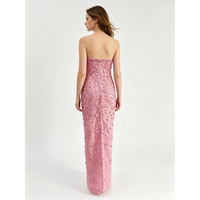 Robe de soirée formelle rose sans bretelles, en satin tissé, ornée de fleurs et de perles, à taille naturelle, longueur ras du sol pour femme
