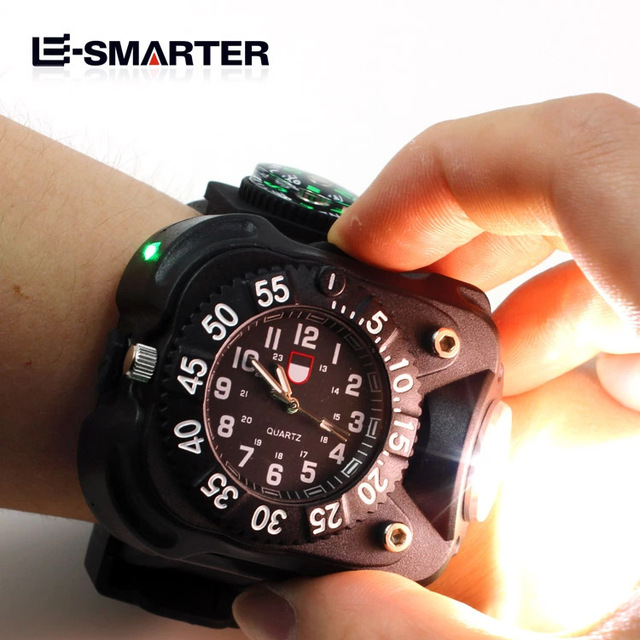 USB Rechargeable Outdoor LED Wristwatch with Smart Compass Waterproof Silicone Wristband for Night Running Pocket Watch