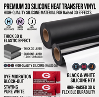 Vinilo Termotransferible de Silicona 3D Premium HMJ, Rollo de 1.0 mm de Grosor, Vinilo Termoadhesivo en Relieve HTV Negro y Blanco para Ropa Deportiva