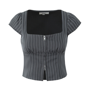 JIFAN Blusa de manga corta con cuello cuadrado a rayas para mujer, con cremallera frontal, ajuste elástico, longitud corta, ropa de oficina - Product Image 1