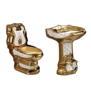 KD-21GPA Set Luxus Badezimmer Set Vintage Golden Design Keramik Boden Stehende Toilette Badezimmer WC Sanita Sockel Becken Suite