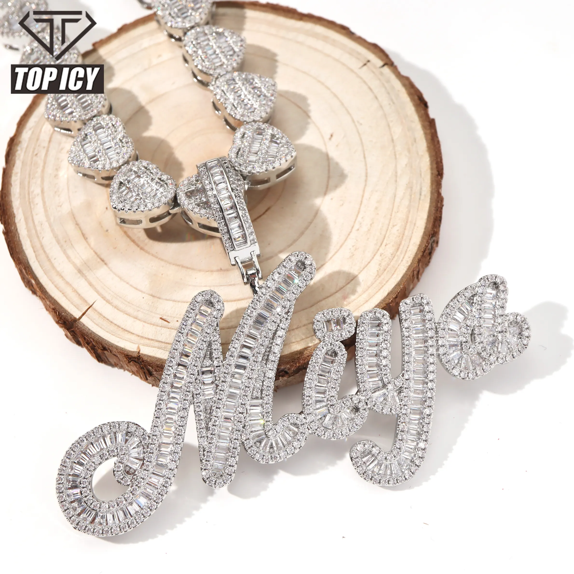 Kuas Font Baguette 5A Zircon Pengaturan Mikro 18K Emas Plating Jantung Rantai Tenis Nama Kustom Kalung Pesona Set Iced Out Perhiasan