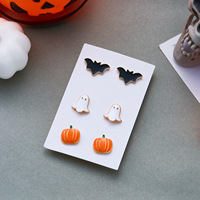 Parure de bijoux émaillés Halloween : Collier pendentif fantôme, citrouille, chauve-souris, bague et boucles d'oreilles clous, ton doré, cadeau mignon pour femmes et filles