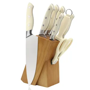 Juego de cuchillos de cocina con mango ABS profesional personalizado, cuchillos de cocina de acero inoxidable con bloque de madera, venta al por mayor