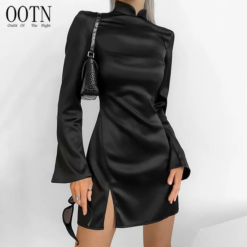OOTN Spring Stand Collar Evening Mini Slim Dress Ladies 2023 Women Club Slit Dress Flare Long Sleeve Black Backless Dress
