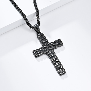 yunnique retro punk style pebble <b>titanium</b> steel cross necklace, niche, unisex, street hip-hop pendant - Product Image 3