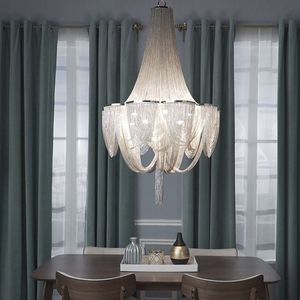 <span class=keywords><strong>Lustre</strong></span> LED post-moderne de luxe léger pour salon, grand modèle à pampilles en chaîne d'aluminium, trois couleurs à intensité variable, finition Or/Argent - Product Image 1