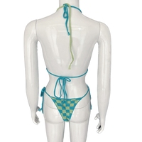 Conjunto de Bikini Micro de Crochet Hecho a Mano, Color Verde Multi, 2 Piezas, Traje de Baño Sexy con Tanga de Tiras a Cuadros Monster INC