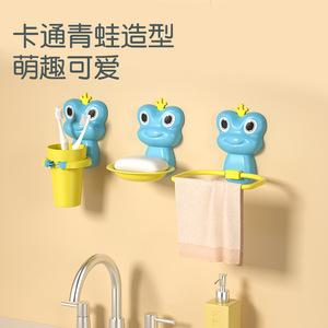 Support mural de rangement pour salle de bain en forme de grenouille de dessin animé avec ventouse, porte-brosse à dents, porte-savon et porte-serviette pour enfants - Product Image 1