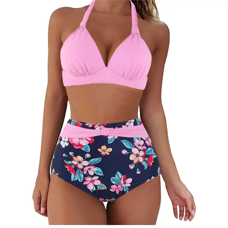 Maiô de comércio exterior sexy estampado com biquíni halter dividido maiô de cintura alta