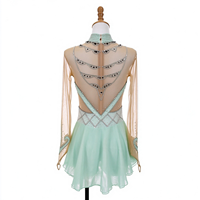 Robe de patinage vert menthe à col montant, manches longues en maille nude et strass pour enfants et adultes, idéale pour la compétition et les spectacles