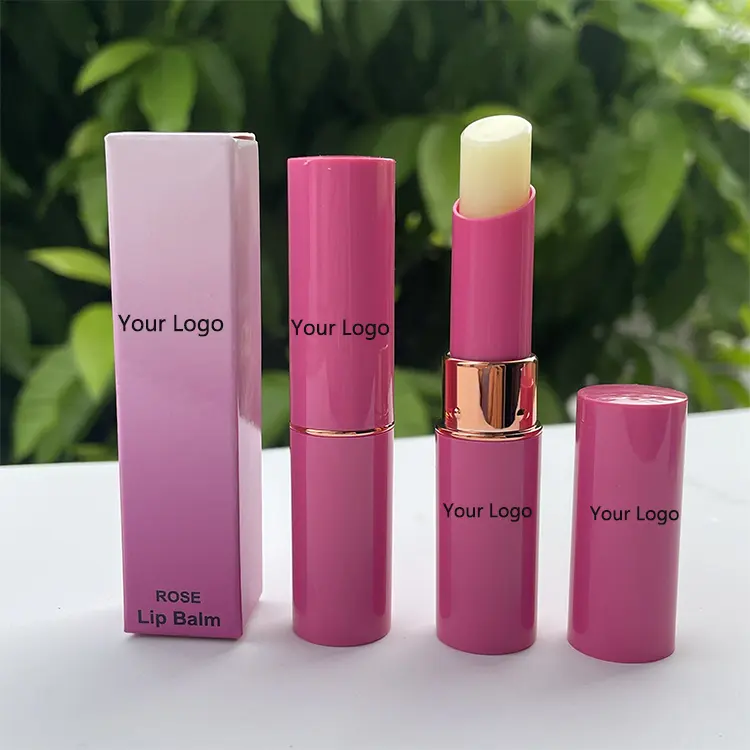 Vente en gros de boîte à logo personnalisé de marque privée cosmétiques traitement aux fruits hydratant végan teinte rose baume à lèvres bâton brillant