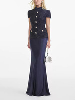 Ensemble Tailleur Femme Élégant 2026, Haut en Tweed et Jupe en Satin Bleu Marine de Haute Qualité