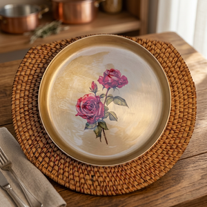 Assiette décorative ronde en métal peinte à la main avec motif de rose, style vintage, vaisselle artisanale - Product Image 5