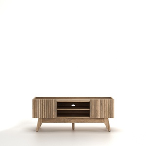 Meuble TV moderne en chêne cannelé avec accents en pierre et rangement - Product Image 2