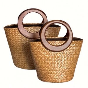 Sac de plage en paille pour femmes, sac à main de voyage avec poignée ronde en bois - Product Image 1