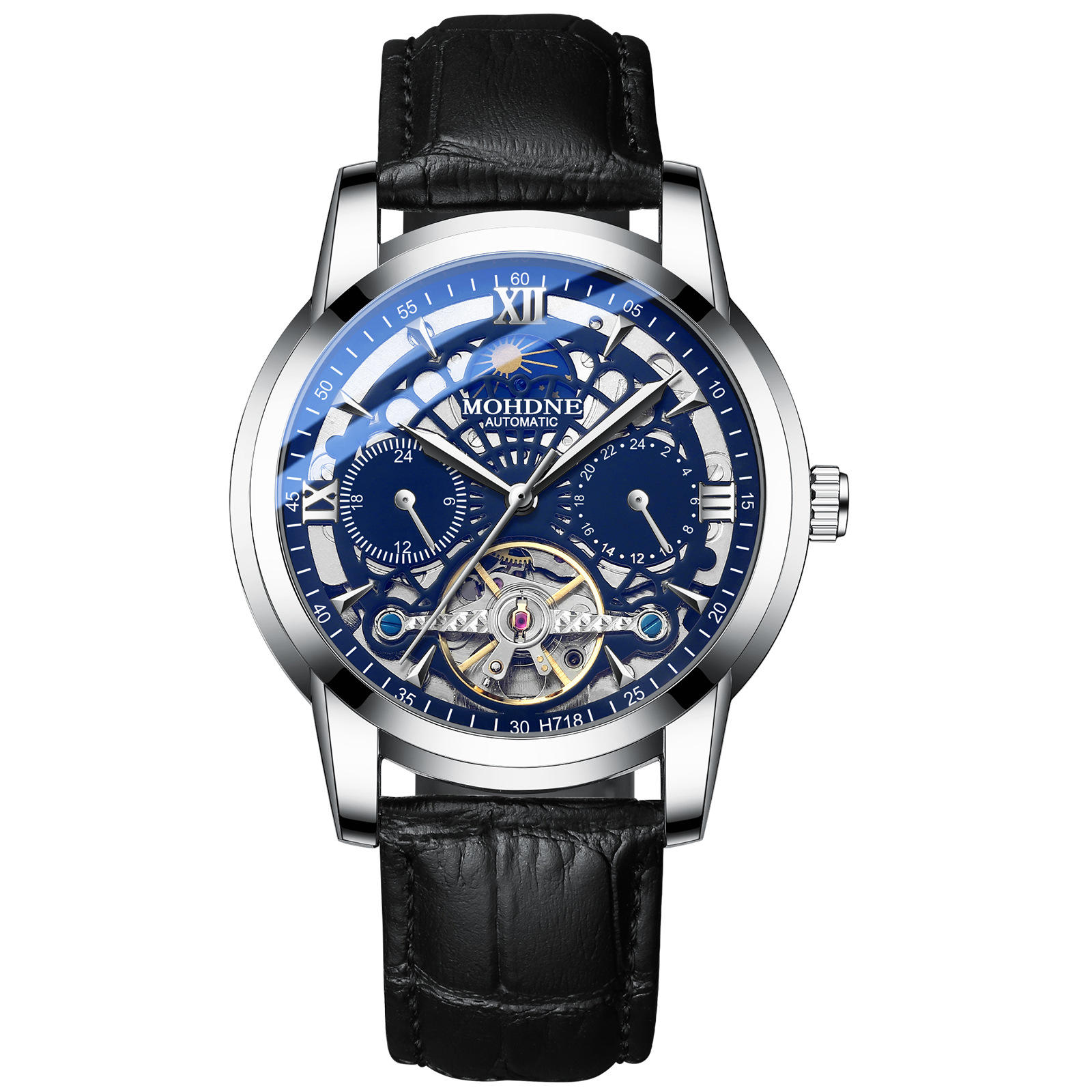 Cuero negro - acero blanco - superficie azul