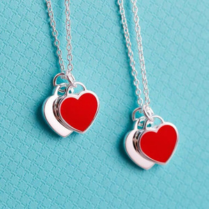 Collares de moda Corazones dobles Esmalte Drop-In Collares adhesivos Rojo Azul Rosa Colgantes Collares para mujeres - Product Image 5